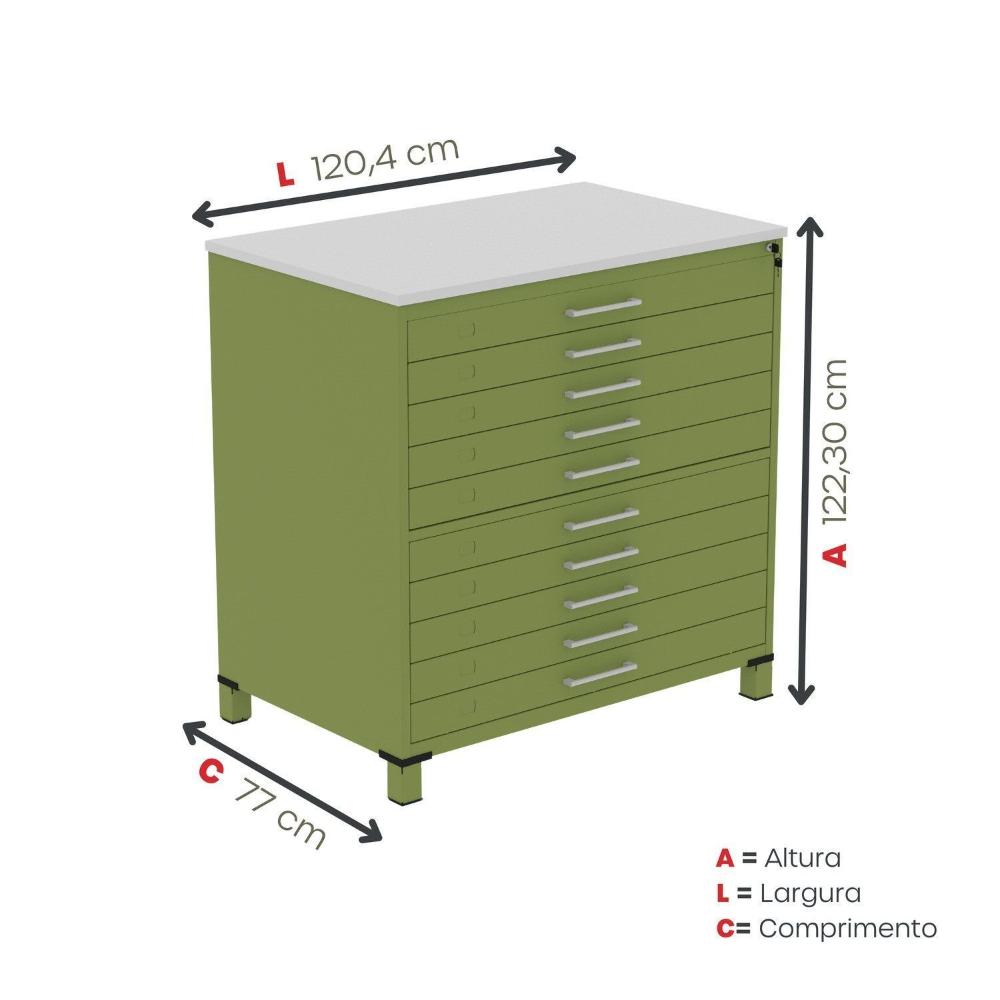 Miniatura Gaveteiro Mapoteca para Escritório de Aço Fixa com 10 Gavetas Industrial Verde/Cinza