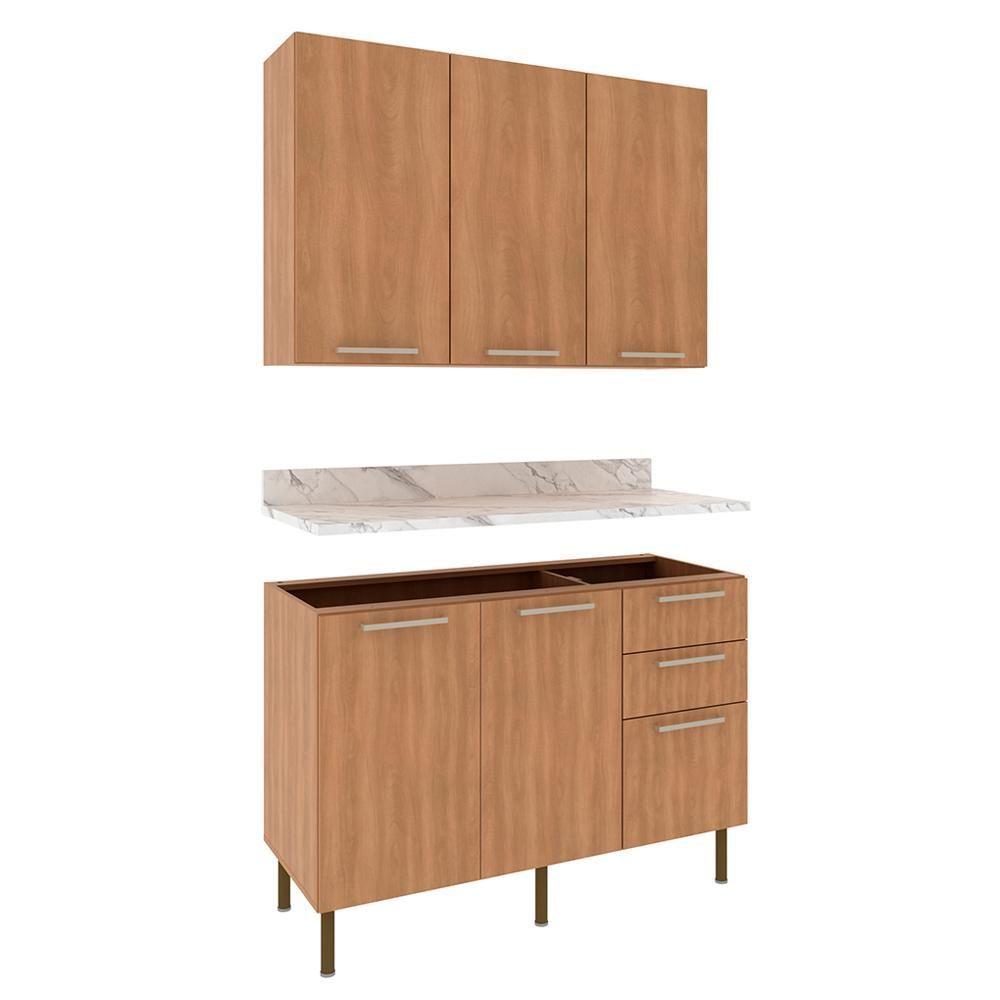 Miniatura Balcao Tampo Armario Aereo 120 Cm Cz31 Tecno Mobili Freijo Marmore Branco