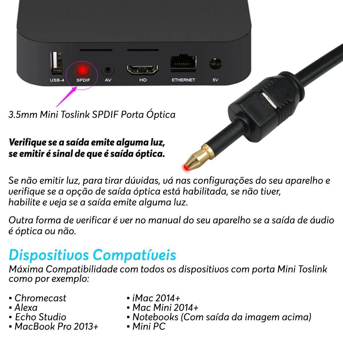 Cabo Óptico Áudio Digital Mini Toslink 3,5Mm Spdif 5 Metros