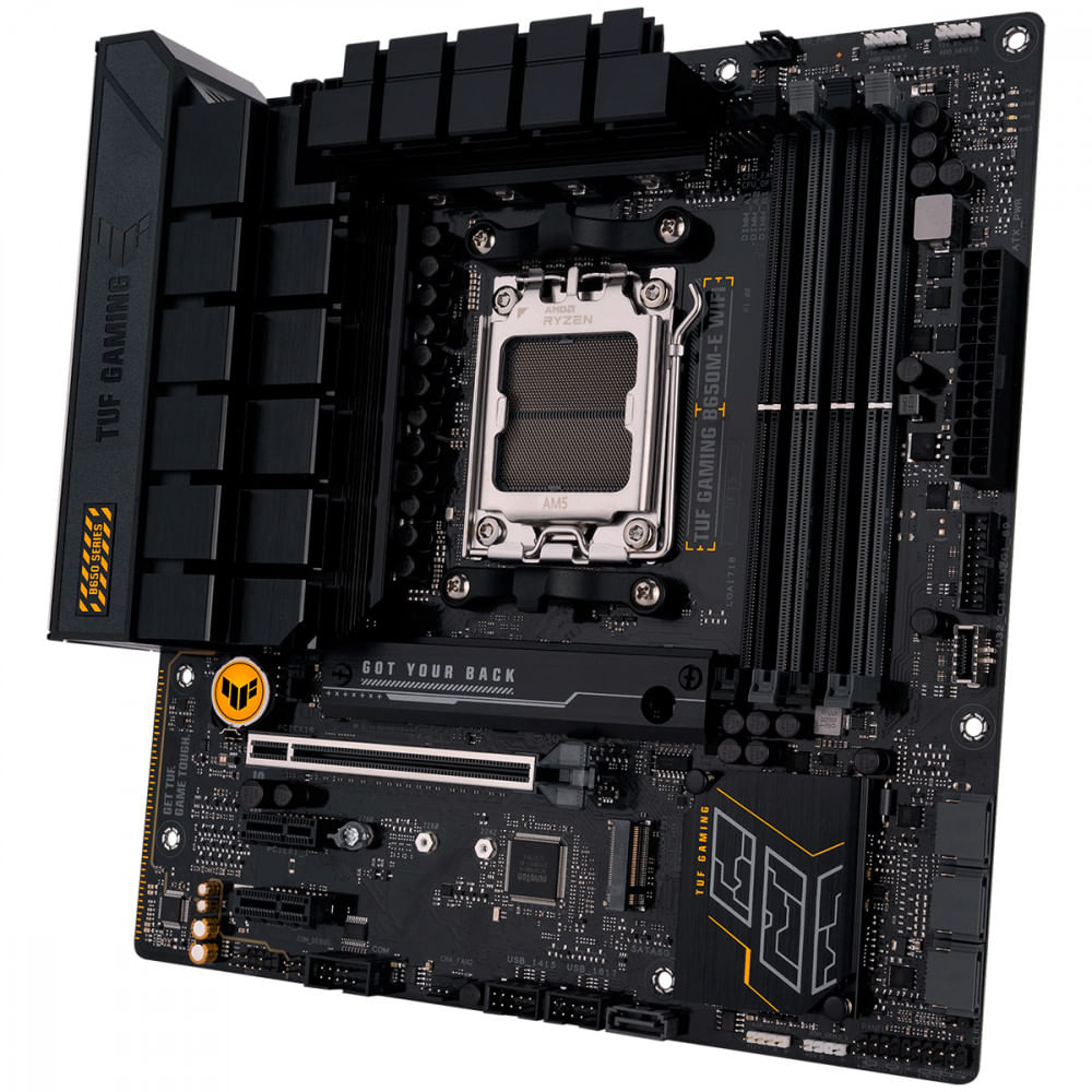 Placa Mãe Asus TUF Gaming Para AMD AM5 B650M-E Wifi 4xDDR5 mATX Preto - 12 meses - Asus - mATX - 90MB1FV0-M0EAY0 - TUF GAMING B650M-E WIFI - Placa Mãe Asus TUF Gaming Par. - Suporte para Windows 11 de 64. - Garantia do Fabricante