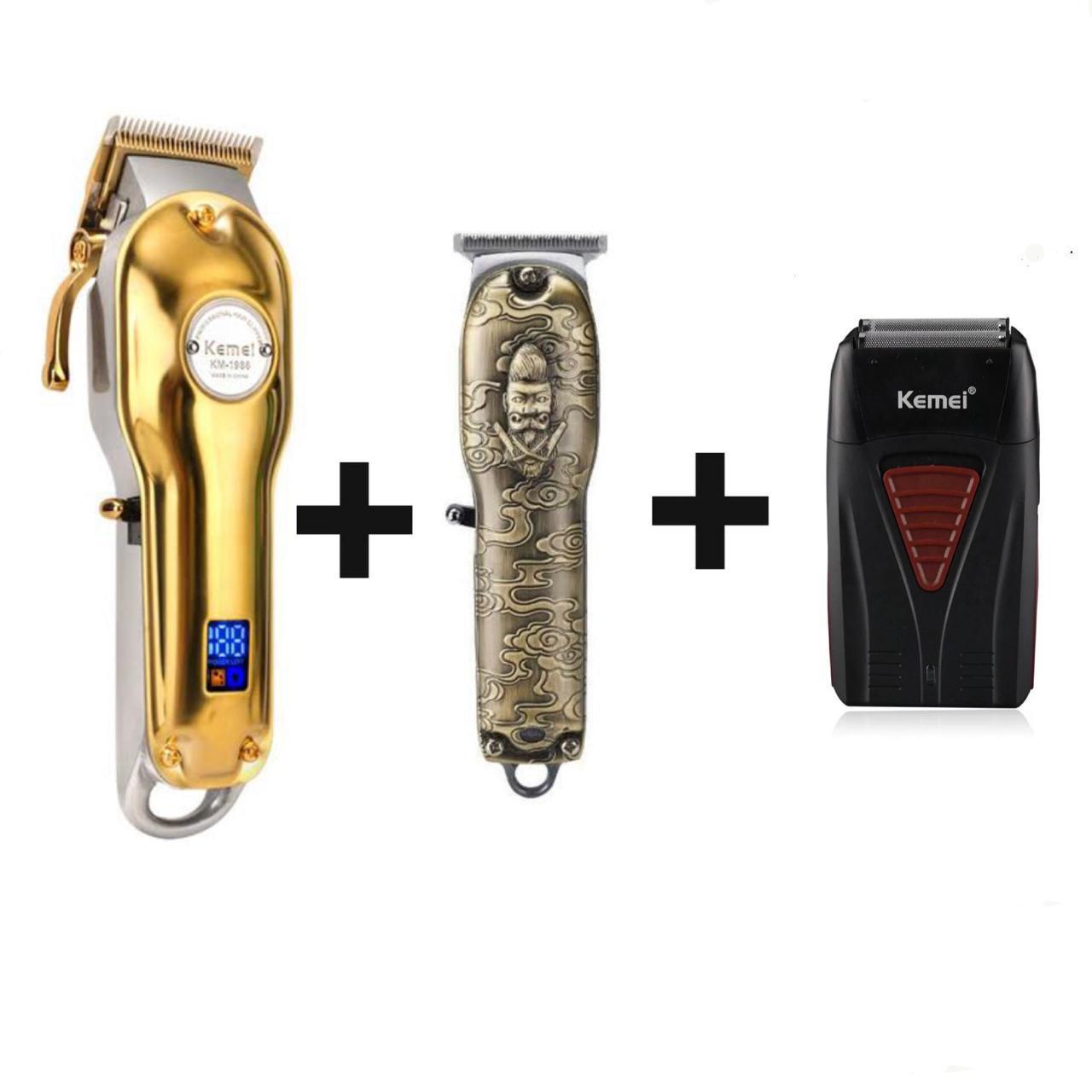 Miniatura Kit Barbeiro 3 Em 1 Máquinas Kemei +Pg Acabamento Shaver