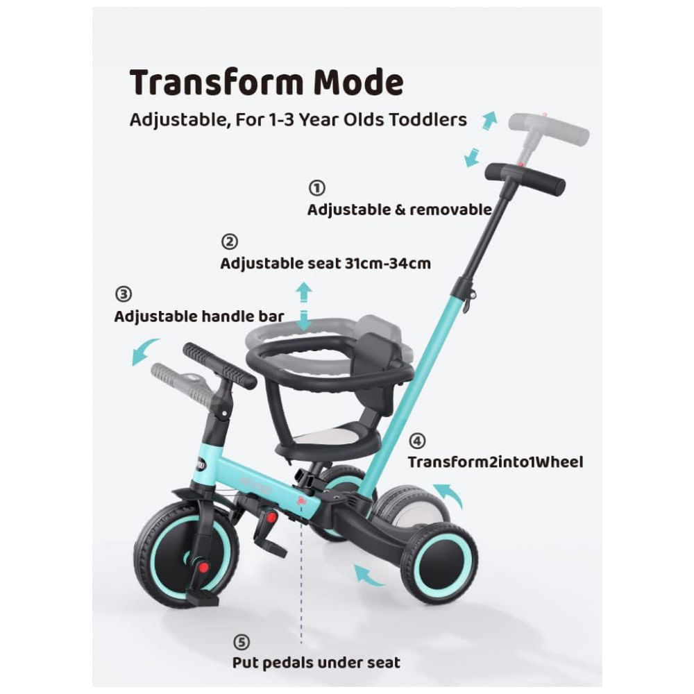 Miniatura Triciclo Infantil 5 em 1 com Alça para os Pais, Protetor de Segurança e Cinto de Segurança, Newyoo TR008, Azul Claro