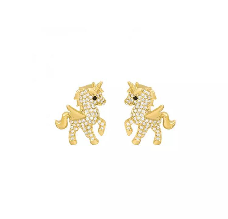 Miniatura Brinco Dourado Unicórnio Brilhante Detalhes Strass H8969