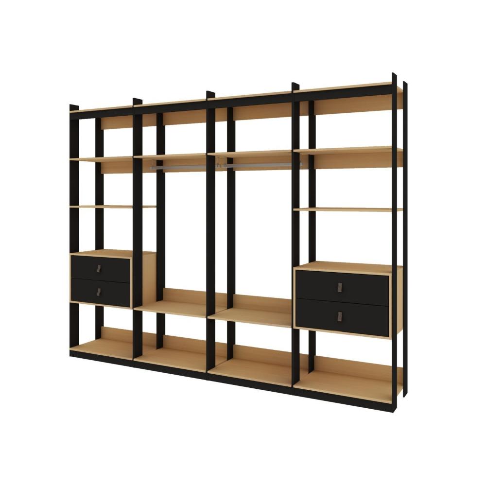 Miniatura Guarda Roupa Closet 4 Modulos, 4 Gavetas, 2 Cabideiros Estilo Industrial Freijó/Preto
