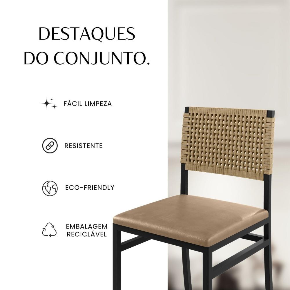 Conjunto Itália Tampo Ripado Eucalípto 160x90cm com 6 Cadeiras Madri Preto/Bege