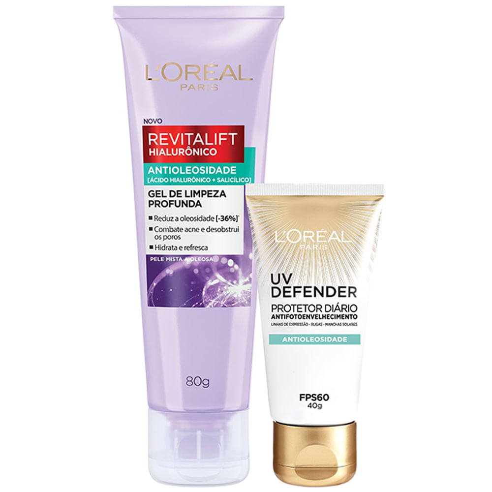 Miniatura L’Oréal Paris Antioleosidade Kit – Gel de Limpeza Profunda Revitalift Hialurônico 40g + Protetor Solar Diário UV Defender FPS60 40g Kit