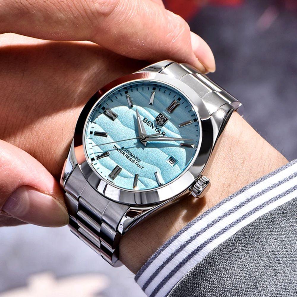 Miniatura Relógio Automático Masculino Desert Dial Design Em Aço Inoxidável Impermeavel Azul
