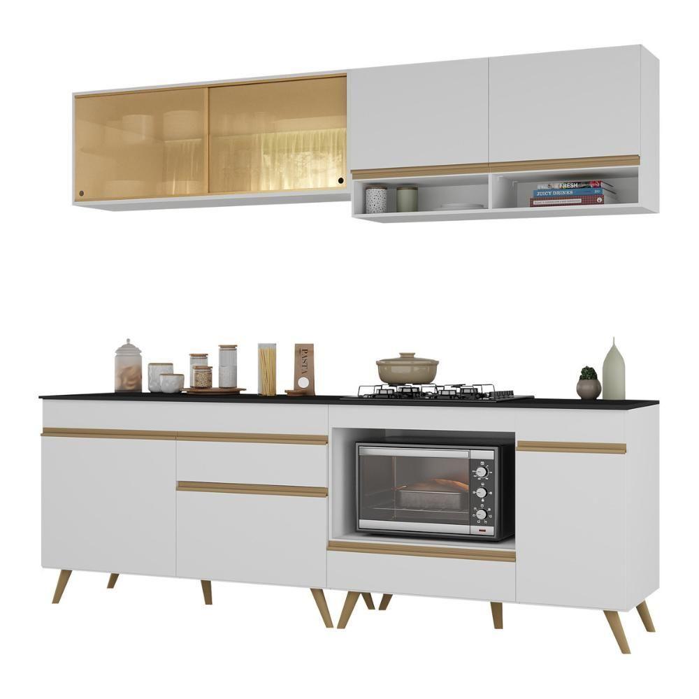 Miniatura Armário De Cozinha Modulada Compacta 225cm Com Balcão Para Cooktop Veneza Multimóveis Mp2263 Branco/dourado