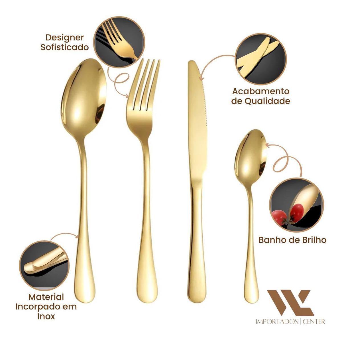 Miniatura Jogo Faqueiro Talher Luxo Dourado Aço Inox 24 Pcs Completo