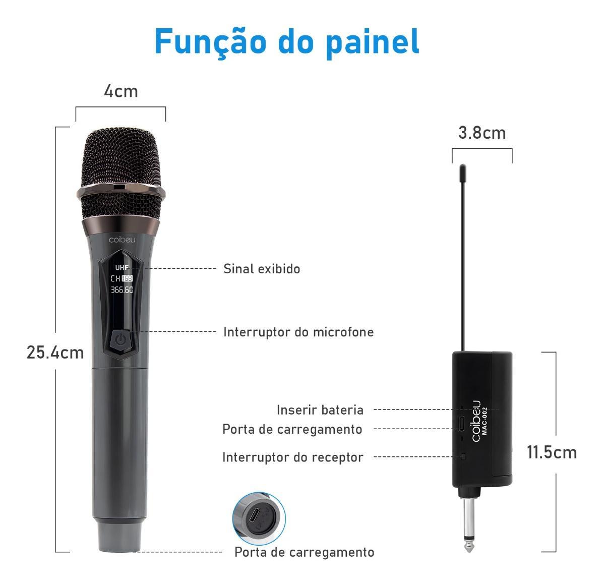 Kit 2 Microfone Sem Fio Profissional Uhf Led Com Receptor Ec
