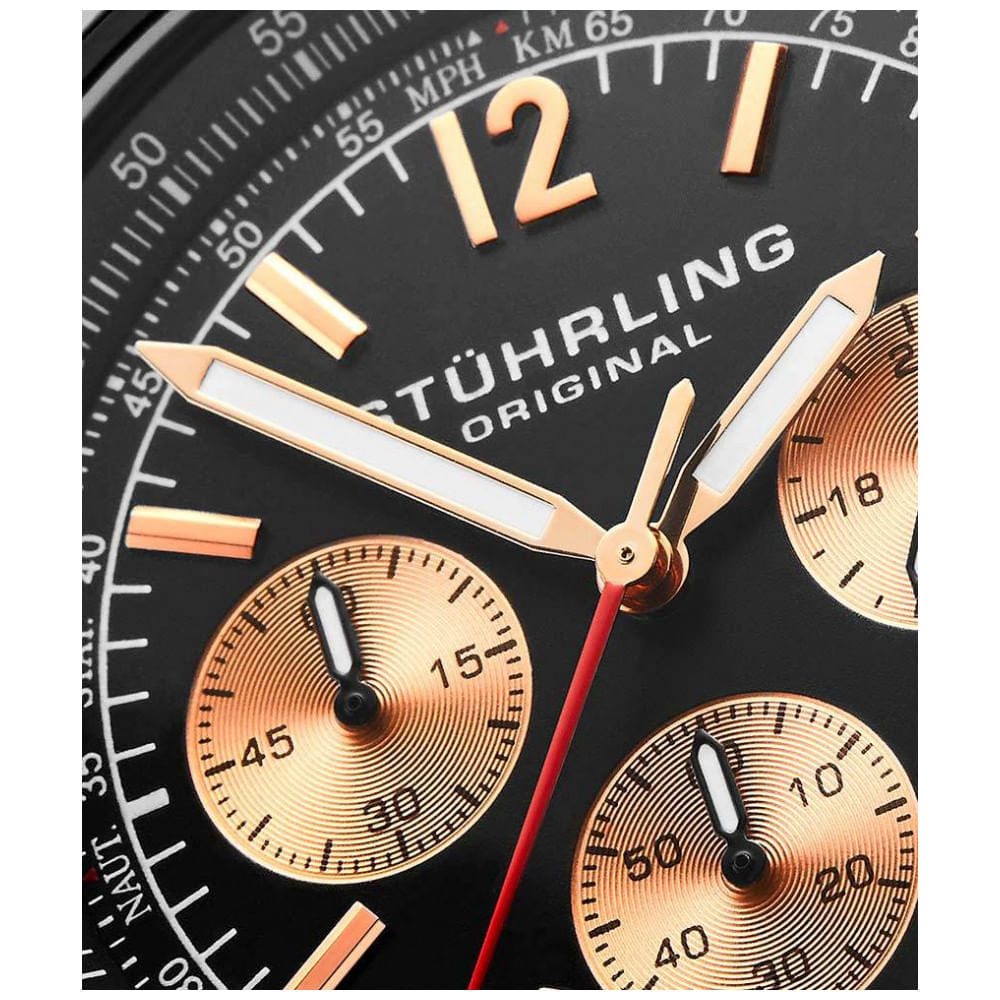 Relógio Cronógrafo Stuhrling Monaco 669M e 3976 de 42mm, Mostrador Preto e Pulseira de Aço Inoxidável Preto