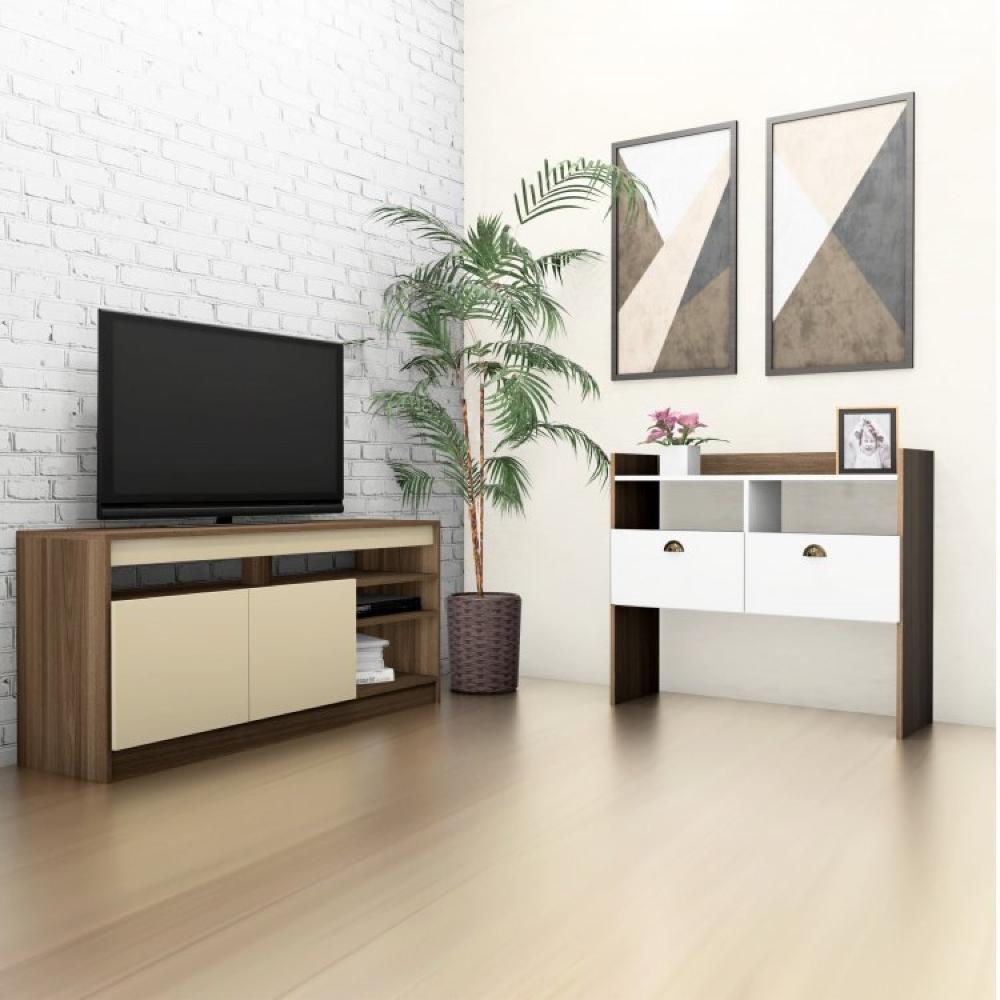Conjunto Rack para TV até 48 Polegadas 2 Portas e Aparador 2 Portas 2 Nichos Estrela Estilare Branco Madeirado/Off White