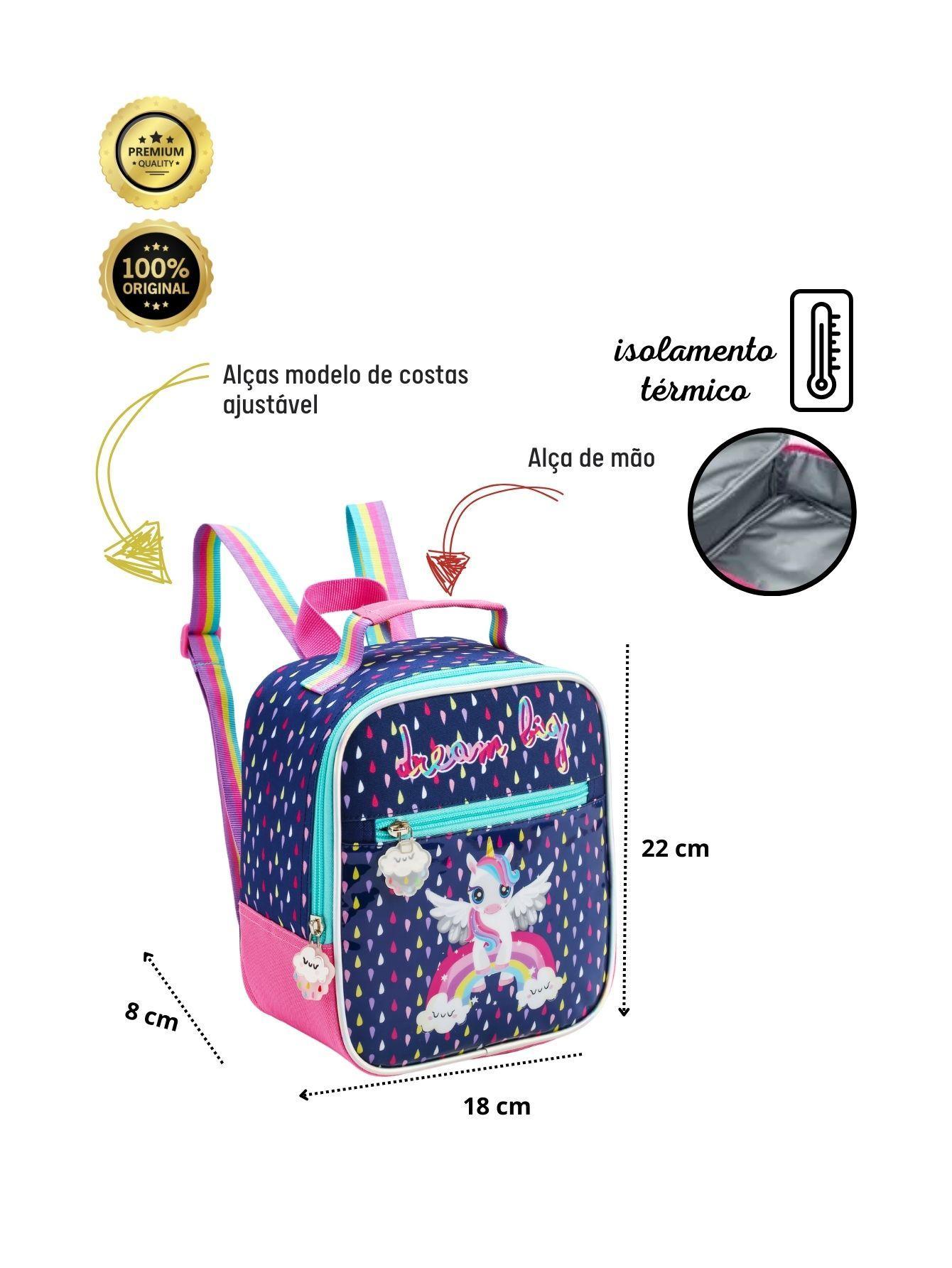 Kit Escolar Mochila Rodas+Lancheira+Estojo Unicórnio - Azul
