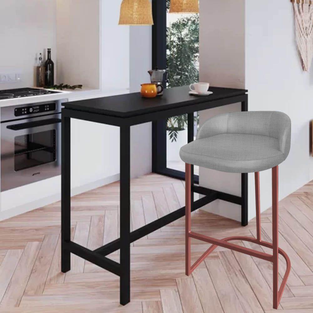 Miniatura Banqueta Betyna Com Encosto Alta Cozinha Bar Balcão Ferro Bronze Linho Cinza - Amey Decor