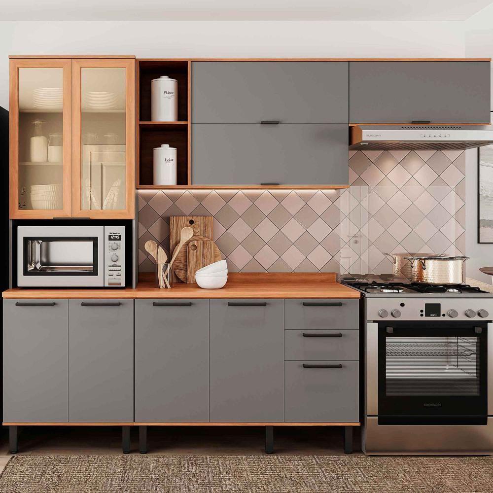 Miniatura Armário De Cozinha Castanha 2700mm Paneleiro E Balcão Com Vidro 4 Peças - Cinza/freijó