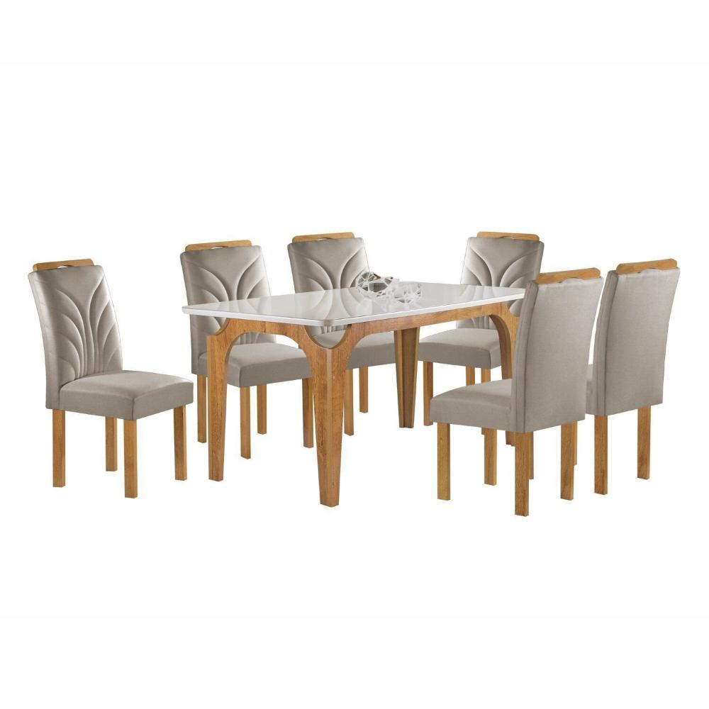 Conjunto Mesa Melina 170cm X 90cm com 6 Cadeiras Carolina Tampo Smart Plus com Vidro Cinamomo/Off White/Bege Claro