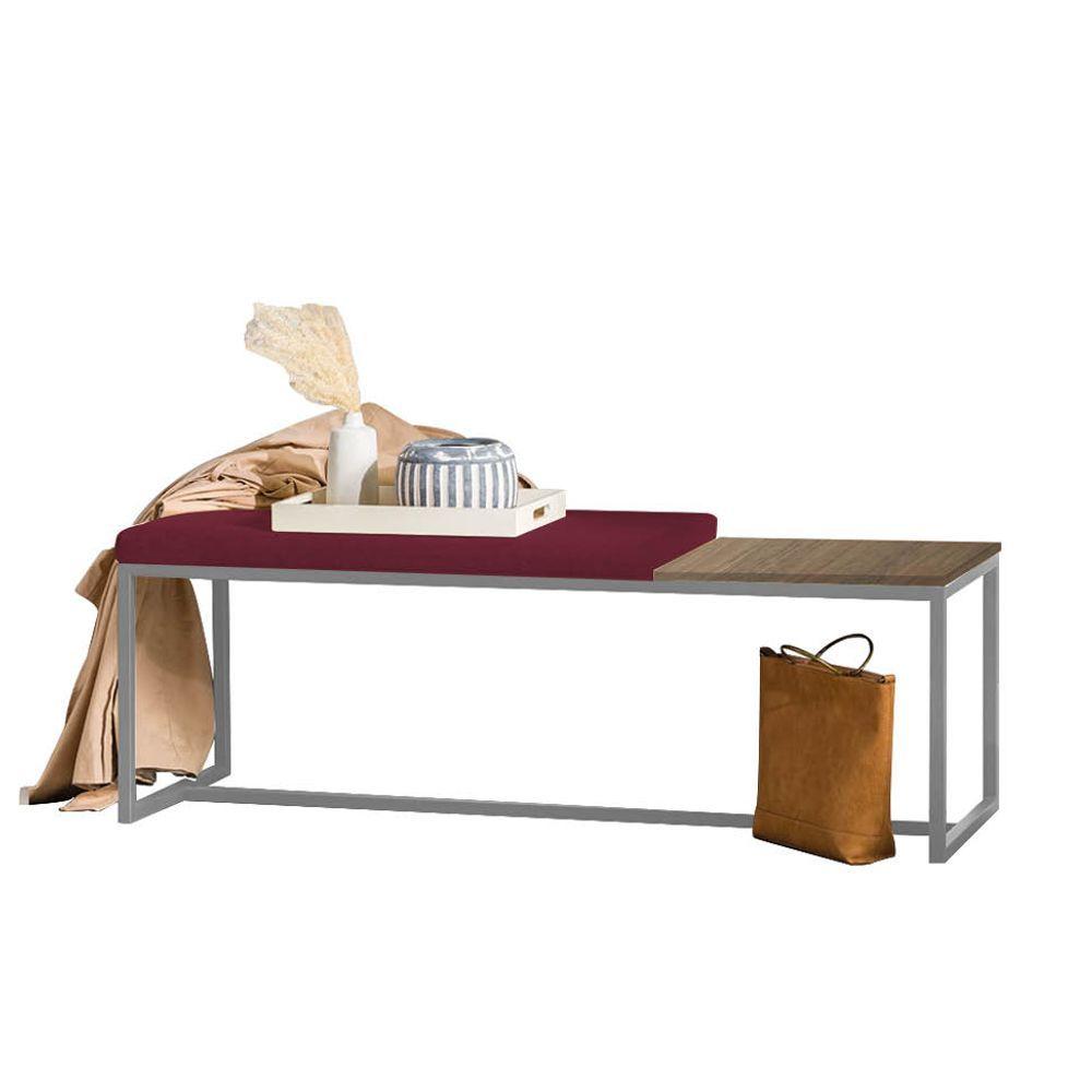 Miniatura Banco Recamier Puff London 195cm Industrial Prata Suede Bordô Tampo Quadrado Mdf Rústico