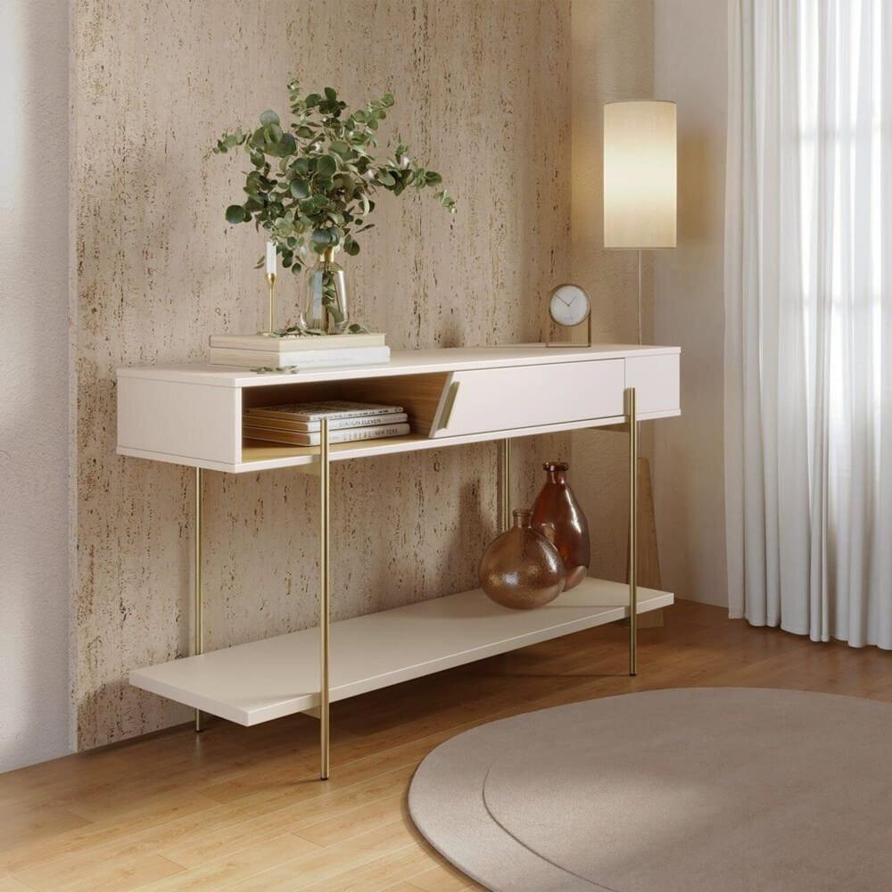 Miniatura Aparador Divisor de Ambientes 136cm 1 Porta Basculante e Pés em Metal Sena Off White Matte / Freijó