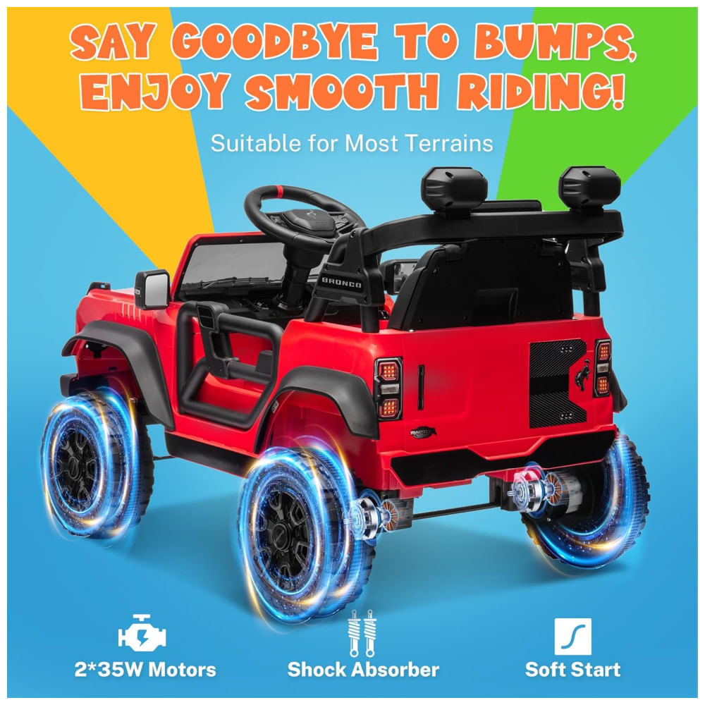 Miniatura Carro Elétrico Infantil 12V, Ford Bronco Raptor com Controle Remoto para Pais, Suspensão nas 4 Rodas, Música via Bluetooth e Luzes LED, Seizeen, 110v
