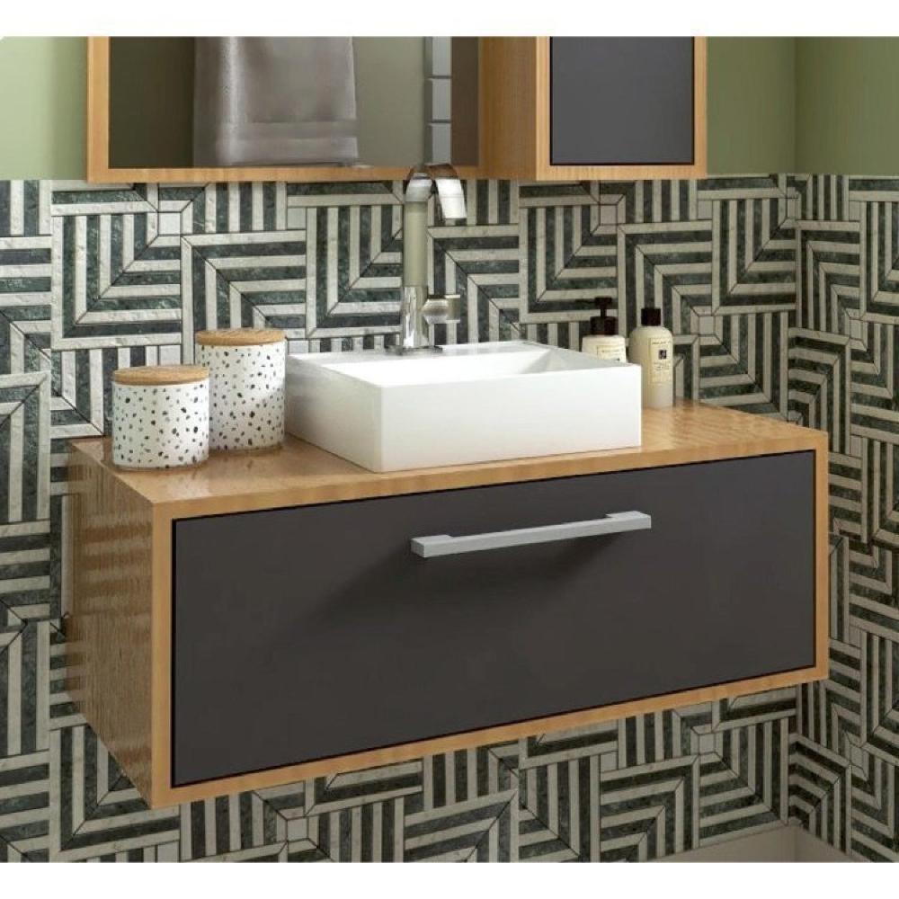 Gabinete de Banheiro Suspenso 80cm Alice com Espelheira 01 Porta com Cuba Mel/Grafite