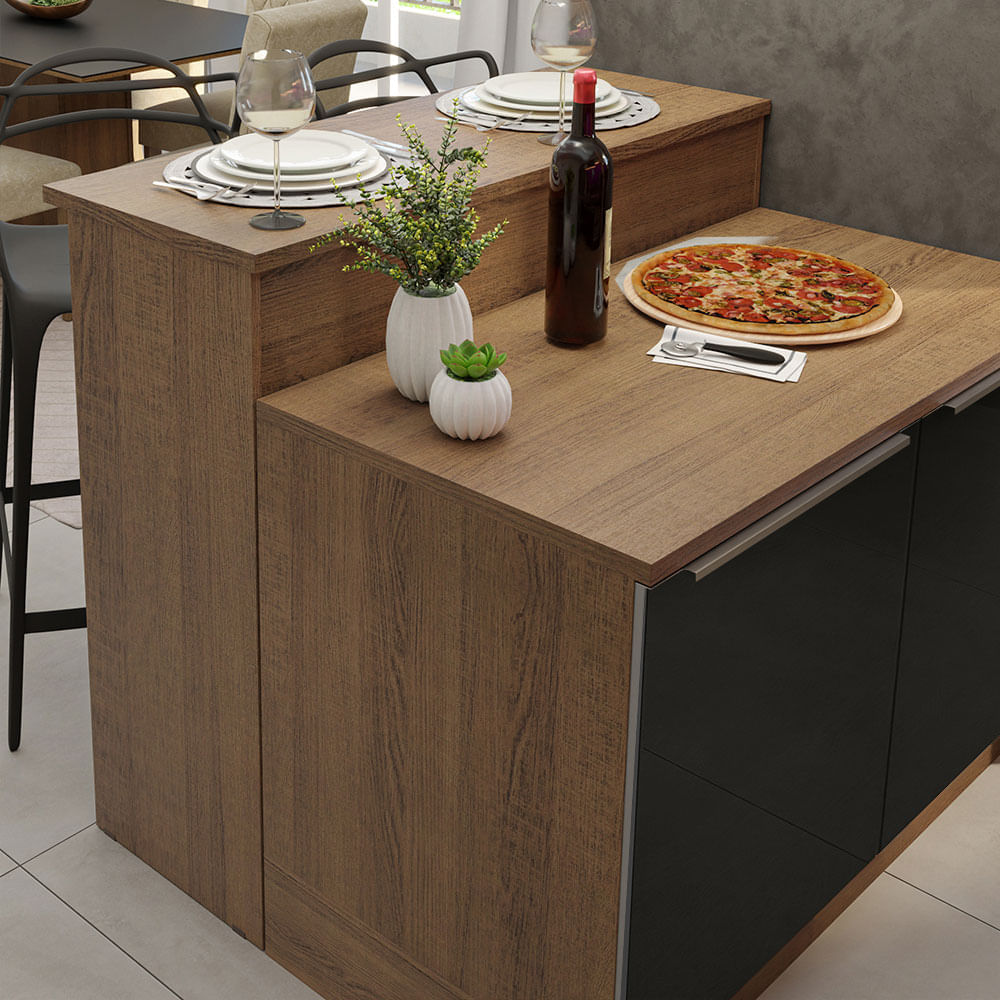 Ilha de Cozinha com Bancada e Balcão 120 cm Rustic/Preto Lux Madesa Cor:Rustic/Preto