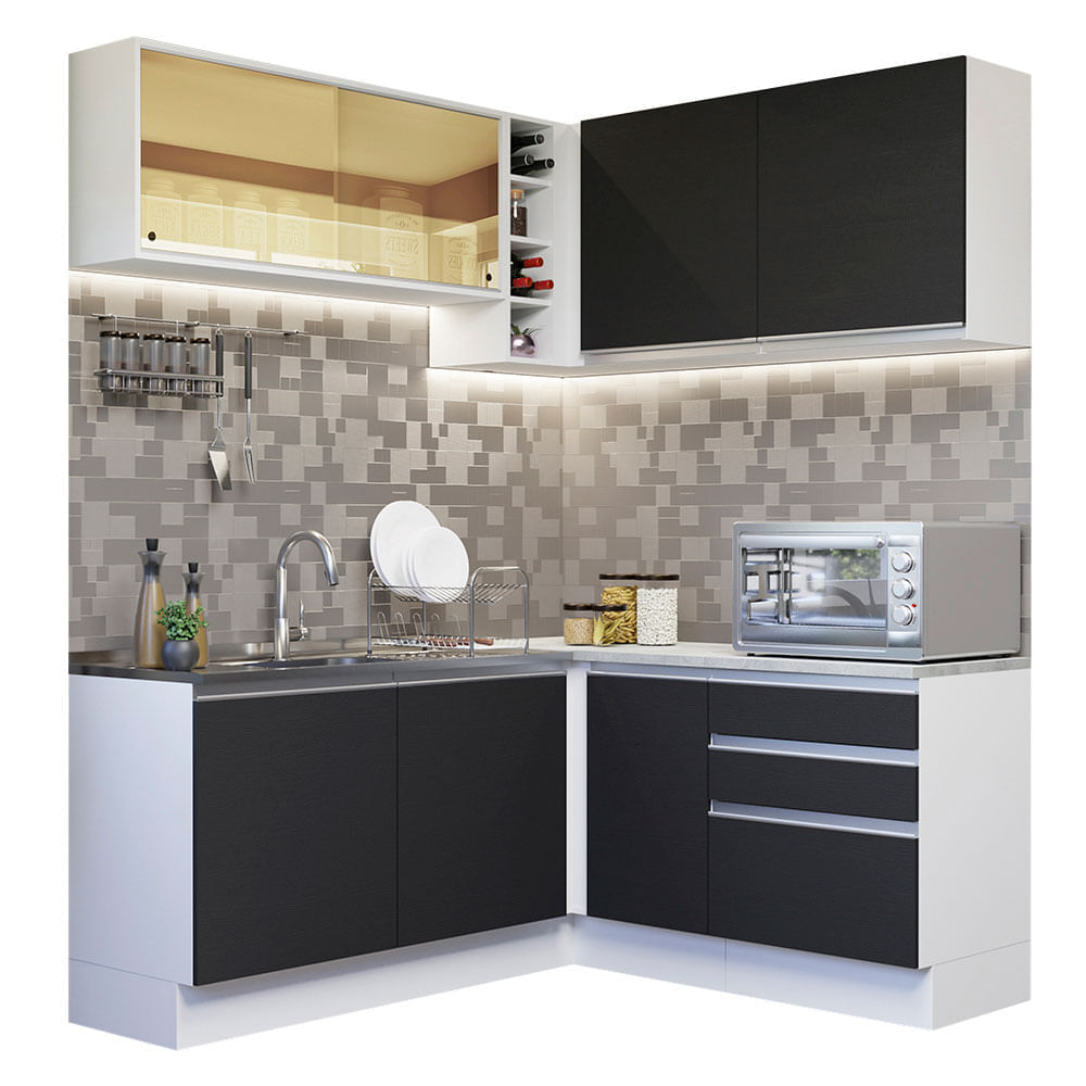 Cozinha Completa de Canto Madesa Glamy 329002 com Armário e Balcão (Sem Tampo e Pia) Branco/Preto Cor:Branco Preto