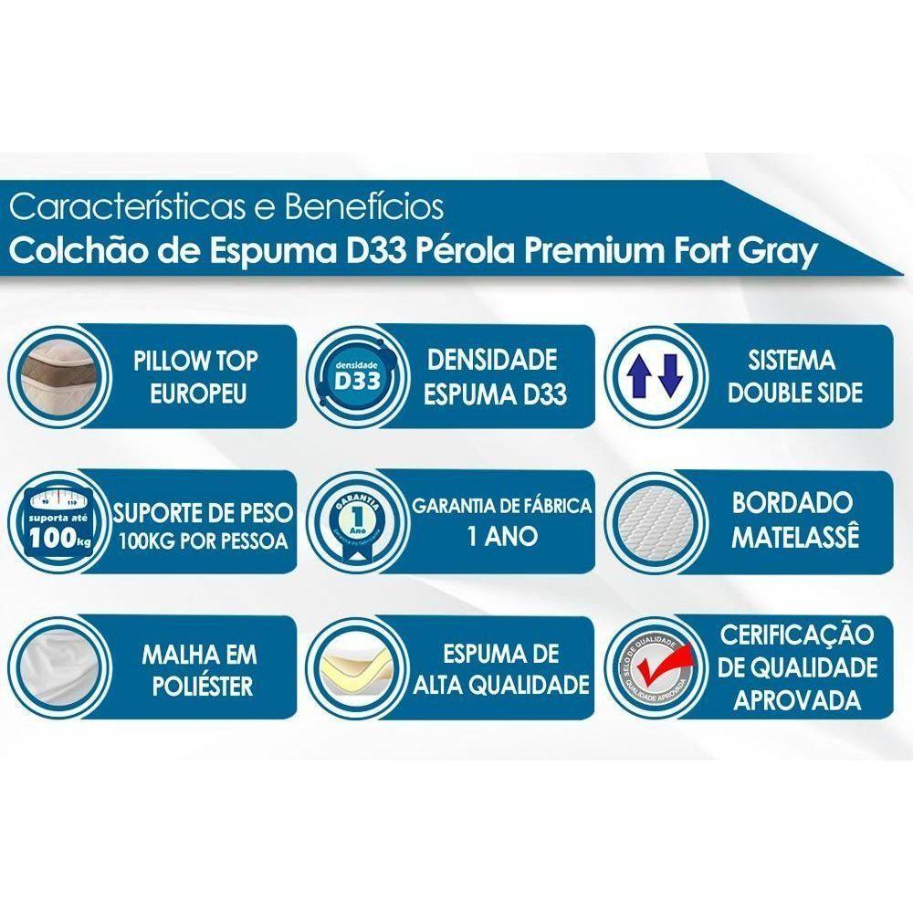 Miniatura Cama Box Baú Queen: Colchão Espuma D33 Polar Pérola Premium Euro Pillow + Base Gray(158X198)