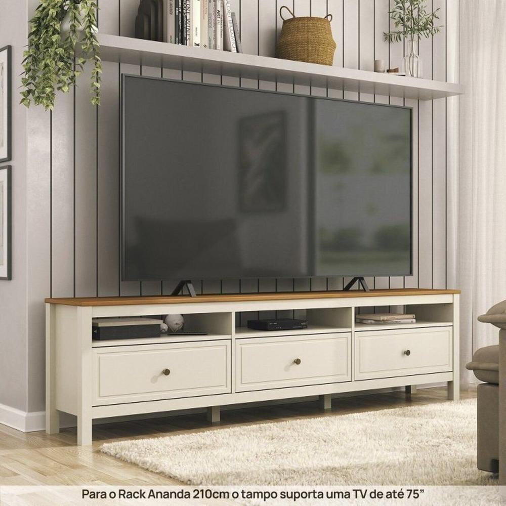 Rack Ananda com Painel Aloe para Tv até 75 Polegadas em Mdf Tampo Madeira Maciça Madeira Originals nature / Off white
