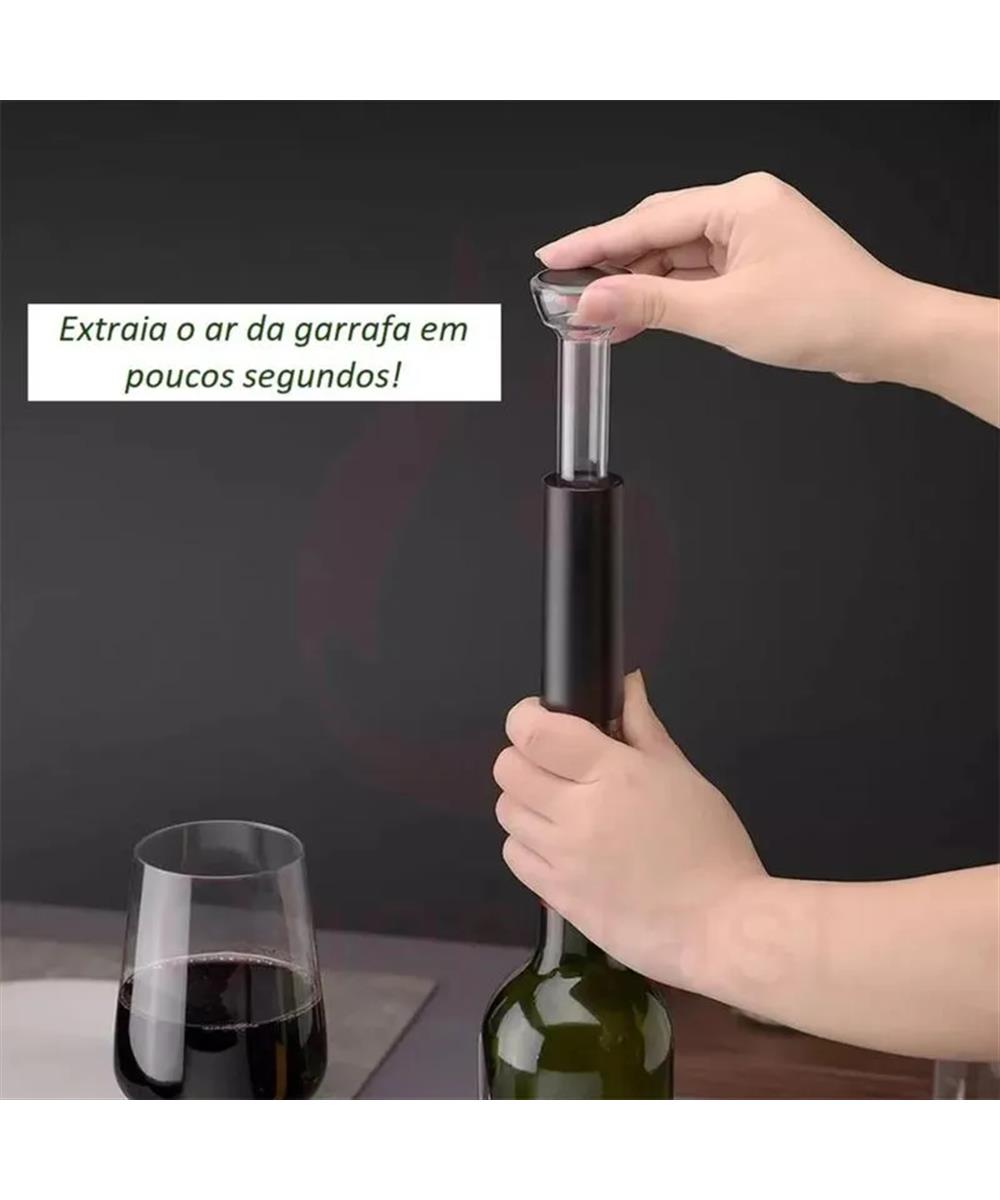 Miniatura Kit Bomba a Vácuo Manual Vinhos com 4 Rolhas Prana Adega Bar Preto