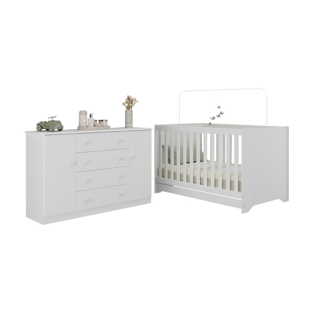 Miniatura Berço Americano 3 em 1 com Cômoda 2 Portas 4 Gavetas Encanto Multimóveis MP4691 Branco