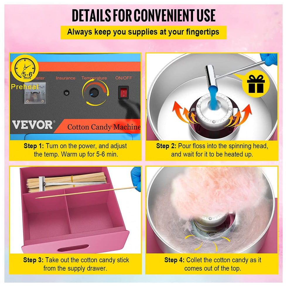 Miniatura Carrinho de Algodão Doce Elétrico Profissional em Aço Inoxidável, 110V 1000W, VBENLEM, Rosa