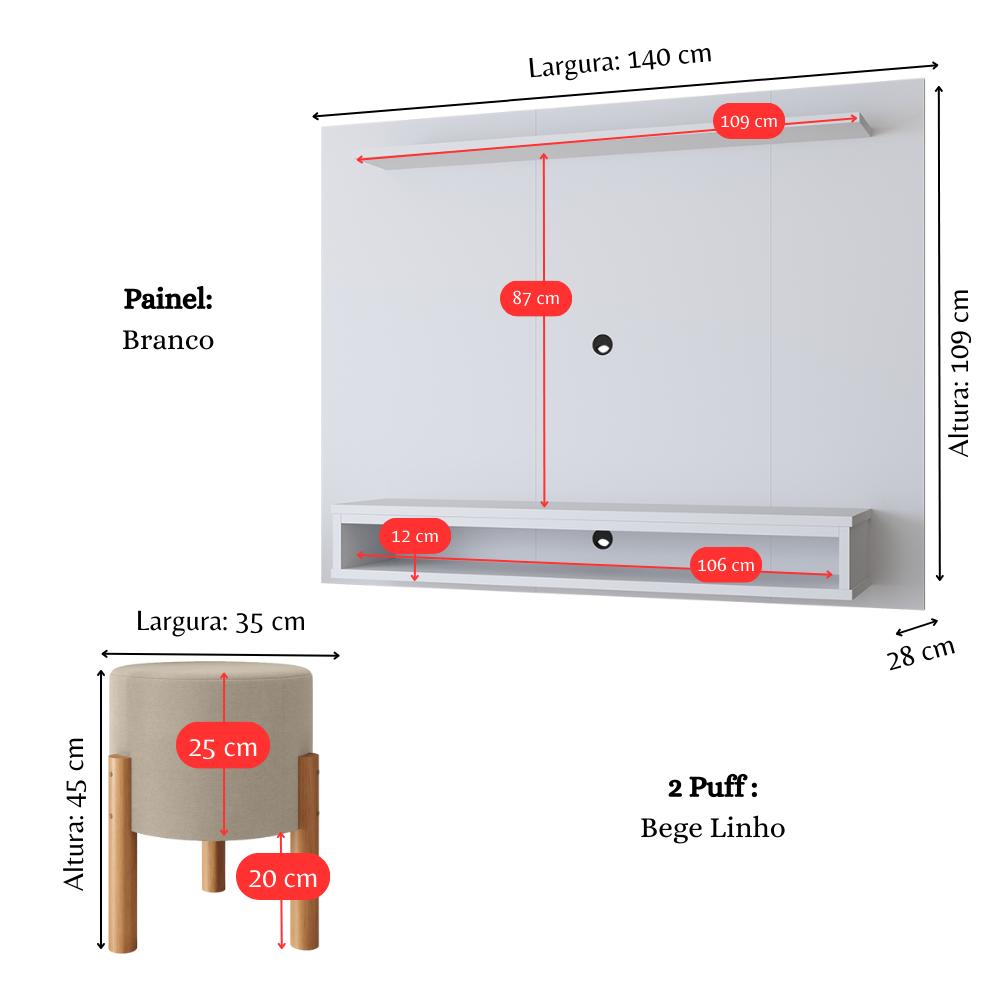 Miniatura Painel Suspenso TV 48 Polegadas Nicho Nairobi Branco e Kit 2 Puff Banqueta Redonda Multiuso Pés Retrô Thor Bege Sala Quarto