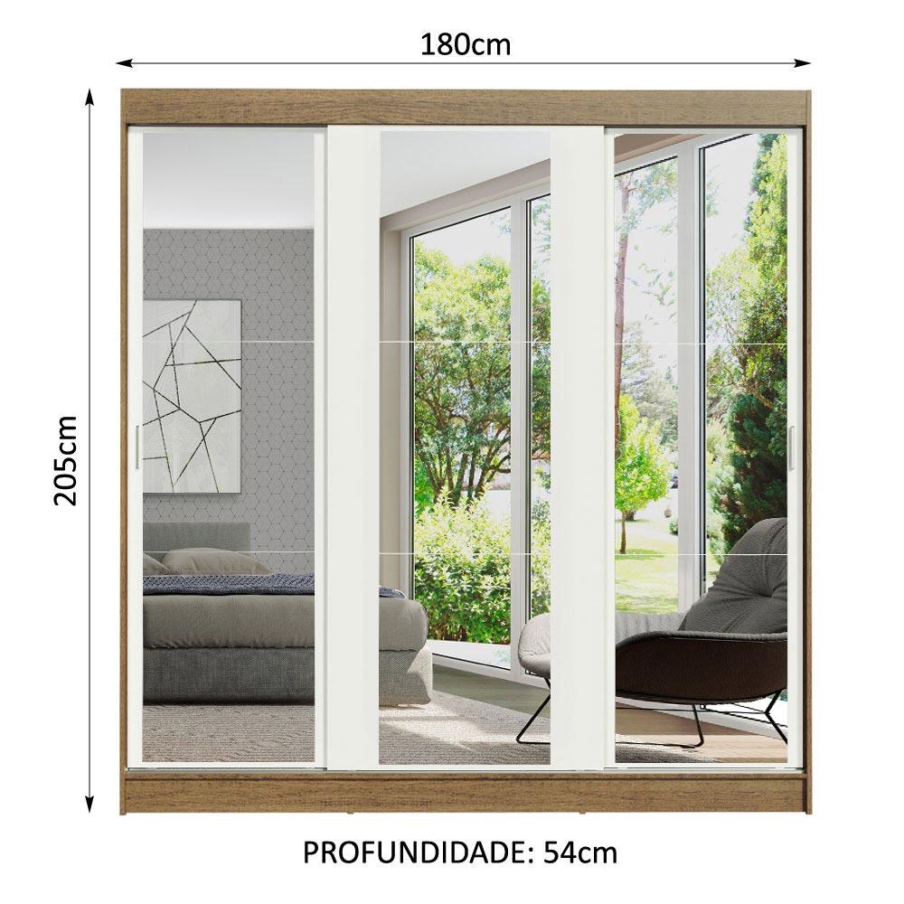 Guarda-Roupa Casal Madesa Reno 3 Portas de Correr de Espelho - Rustic/Branco Rustic/Branco