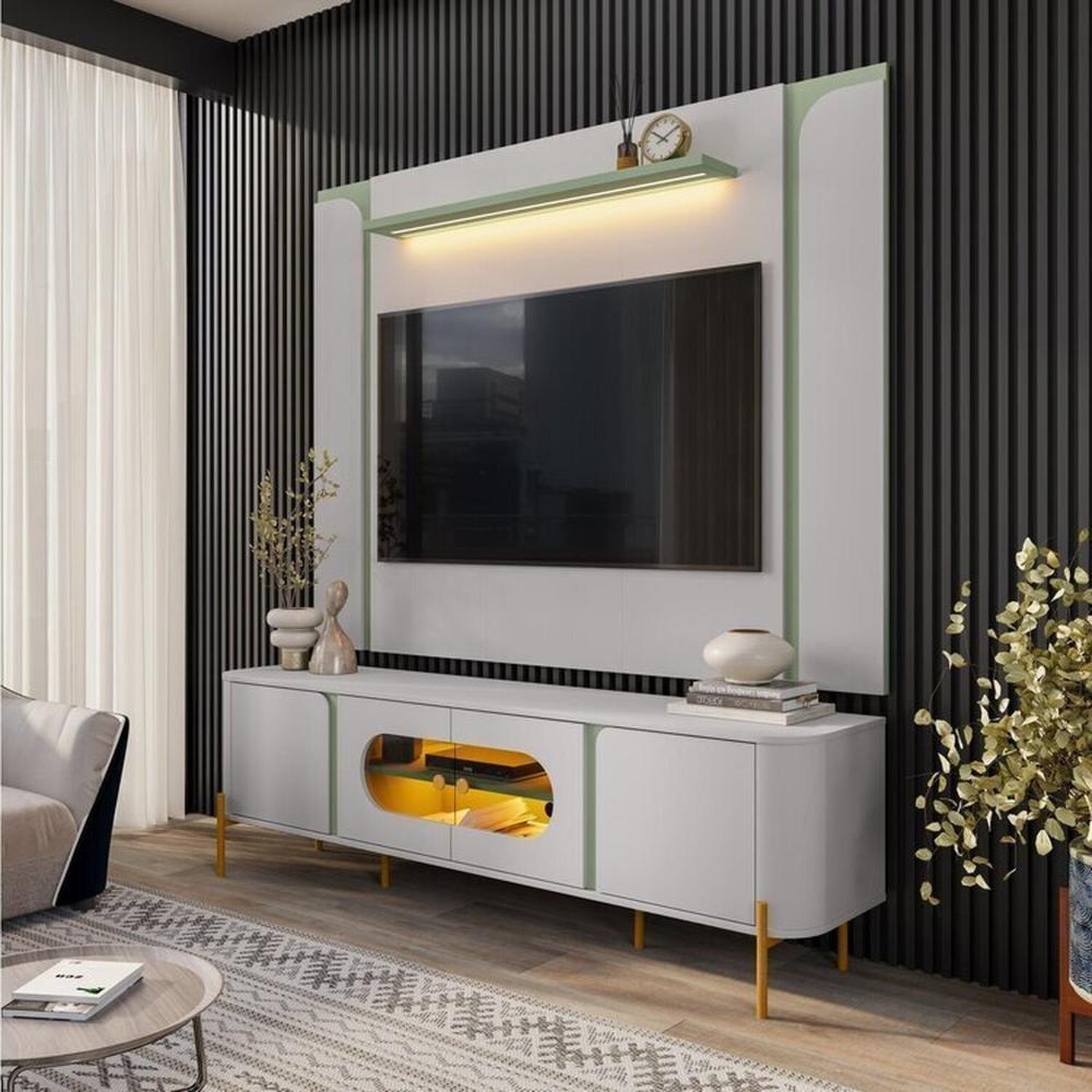 Miniatura Painel Maresias e Rack Juquehy com Led Off-White/Pistache