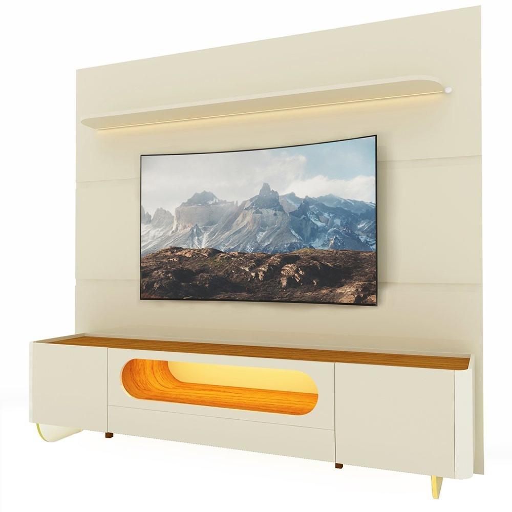 Miniatura Rack com Painel para Tv até 85 Polegadas 1 Gaveta 2 Portas com Led 1 Prateleira Off White/Off White-Naturale