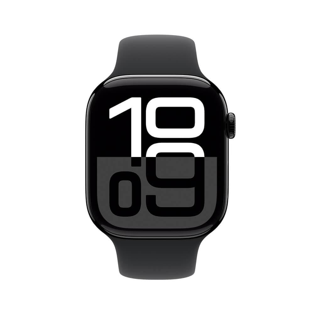 Miniatura Apple Watch Series 10 GPS • Caixa preta brilhante de alumínio – 46 mm • Pulseira esportiva preta – P/M