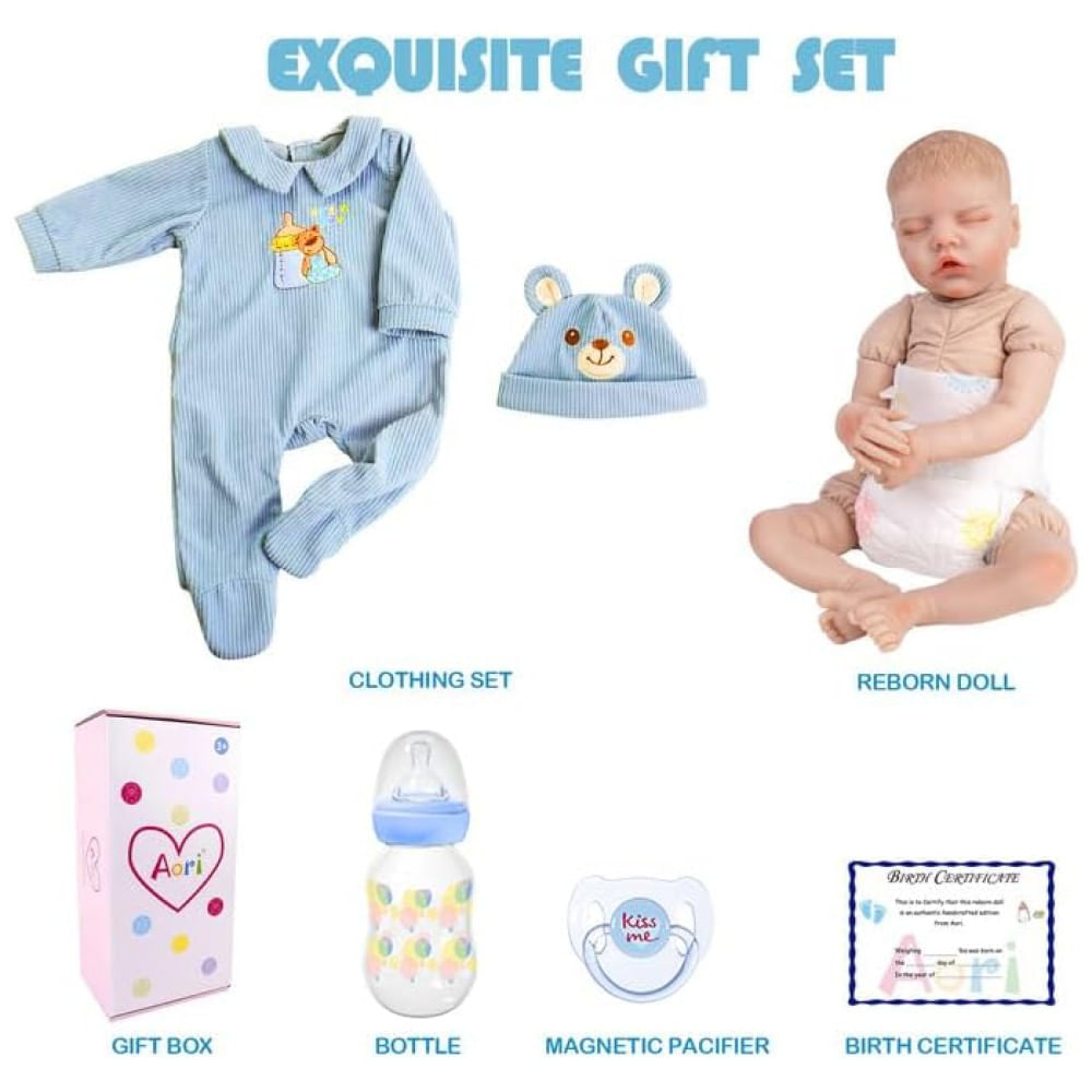 Bebê Recém-Nascido Newborn, Boneca Bebê Renascida Aori Menino 45 Centímetros Realista Dormindo, Corpo de Pano Macio Feito à Mão.