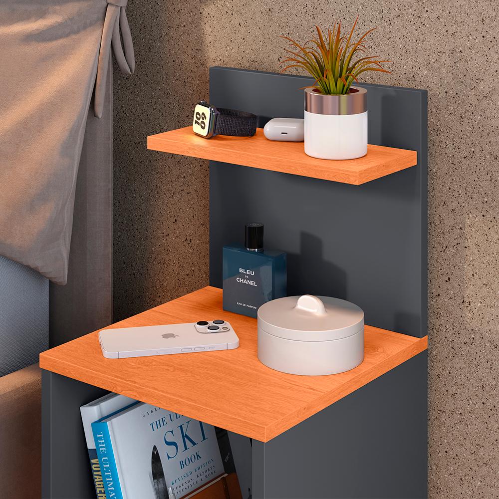 Kit Quarto 2 Mesinhas Lateral Fantasy Cinza/Cinamomo Prateleira Nicho Cabeceira Luana Suspensa Cama Box Casal 1,40 Suede - Lojas RPM