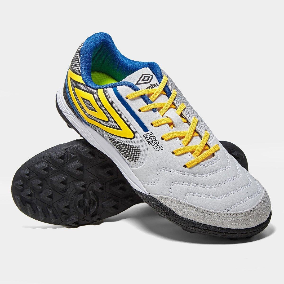 Miniatura Chuteira Society Umbro Pro 5 Bump Club Unissex Branco+Amarelo - 37