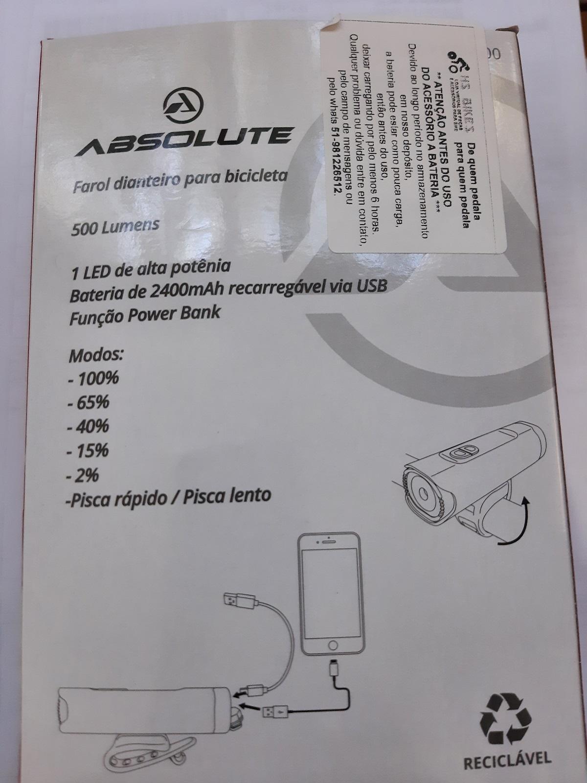 Farol Led Lanterna Bicicleta Absolute Prime 500 Lumens Usb