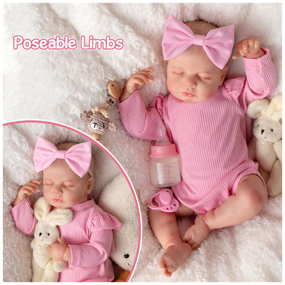 Bebê Recém-Nascido Newborn, Boneca Bebê Reborn Realista de 45 cm Menina com Corpo de Pano e Kit de Alimentação, SPICIMOMO