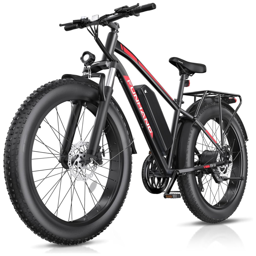 Miniatura Bicicleta Elétrica para Adultos Funhang EB-S1, 1000W, 25MPH, 60 Milhas, Mountain Bike Elétrica 26' com Pneus Largos, Bateria 48V 13AH, Bagageiro, Susp