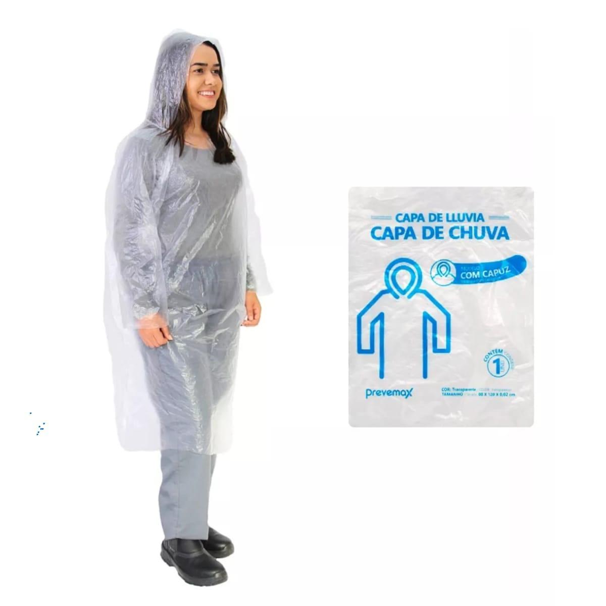 50 Capas De Chuva Descartavel Transparente Com Capuz Unissex