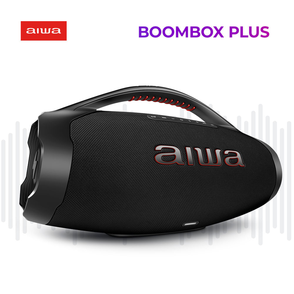 Miniatura Caixa de Som Boombox Plus AIWA BBS-01-B 200W Bluetooth 30H IP66 USB Preto BOOMBOX AWS-BBS-01-B BIVOLT