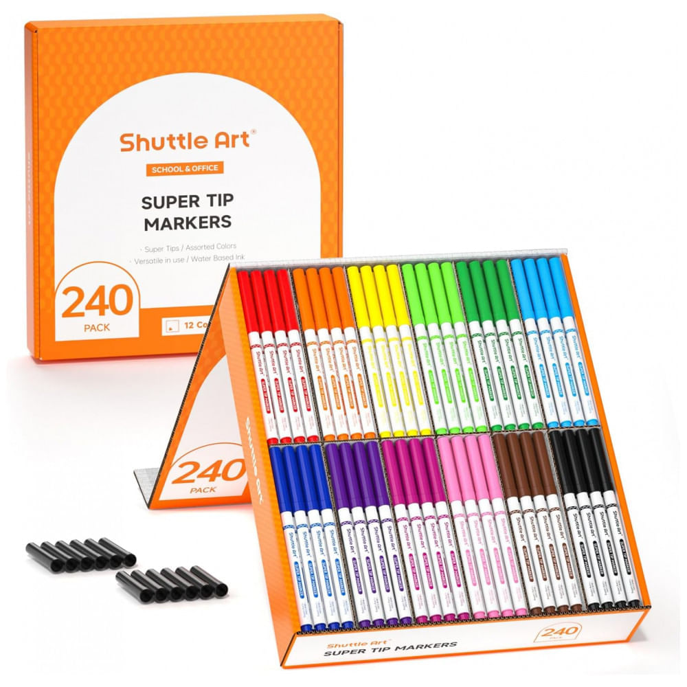 Miniatura Conjunto de Canetas Artisticas 240 Unidades de Pontas Laváveis, 12 Cores Sortidas Marcadores e Tampas Bônus para C...