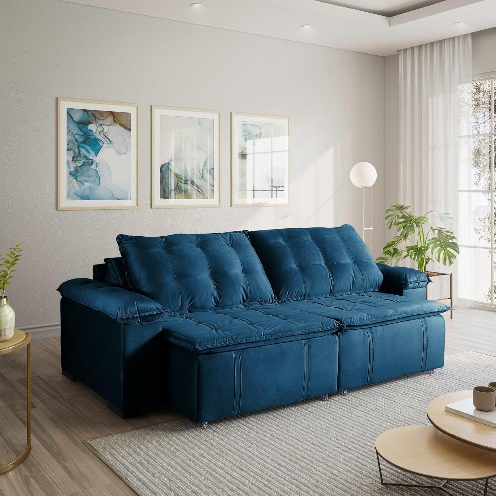 Miniatura Sofá Cama Palmeira 3 Lugares Retrátil Reclinável 2,20m Veludo com Molas CabeCasa MadeiraMadeira Azul