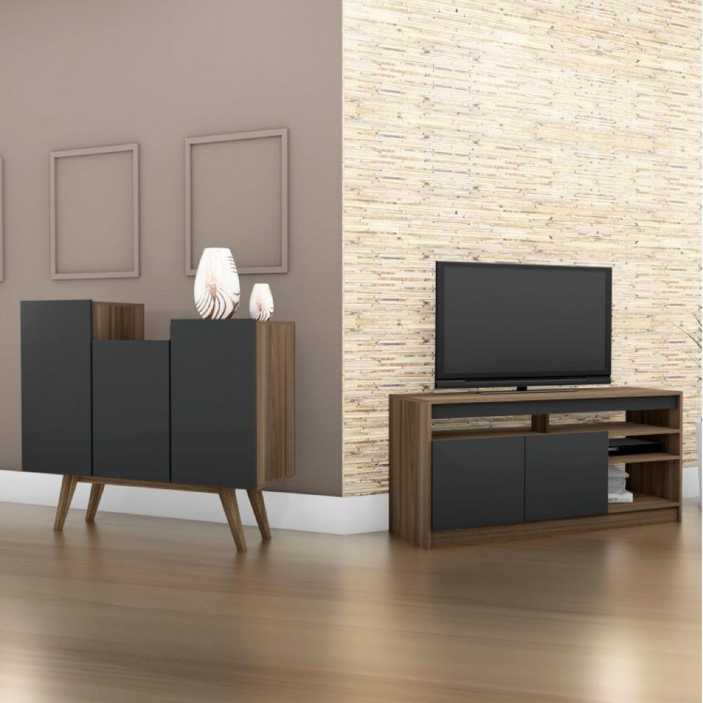Miniatura Conjunto Rack para TV até 48 Polegadas 2 Portas e Buffet 3 Portas Elegance Estilare Madeirado/Preto