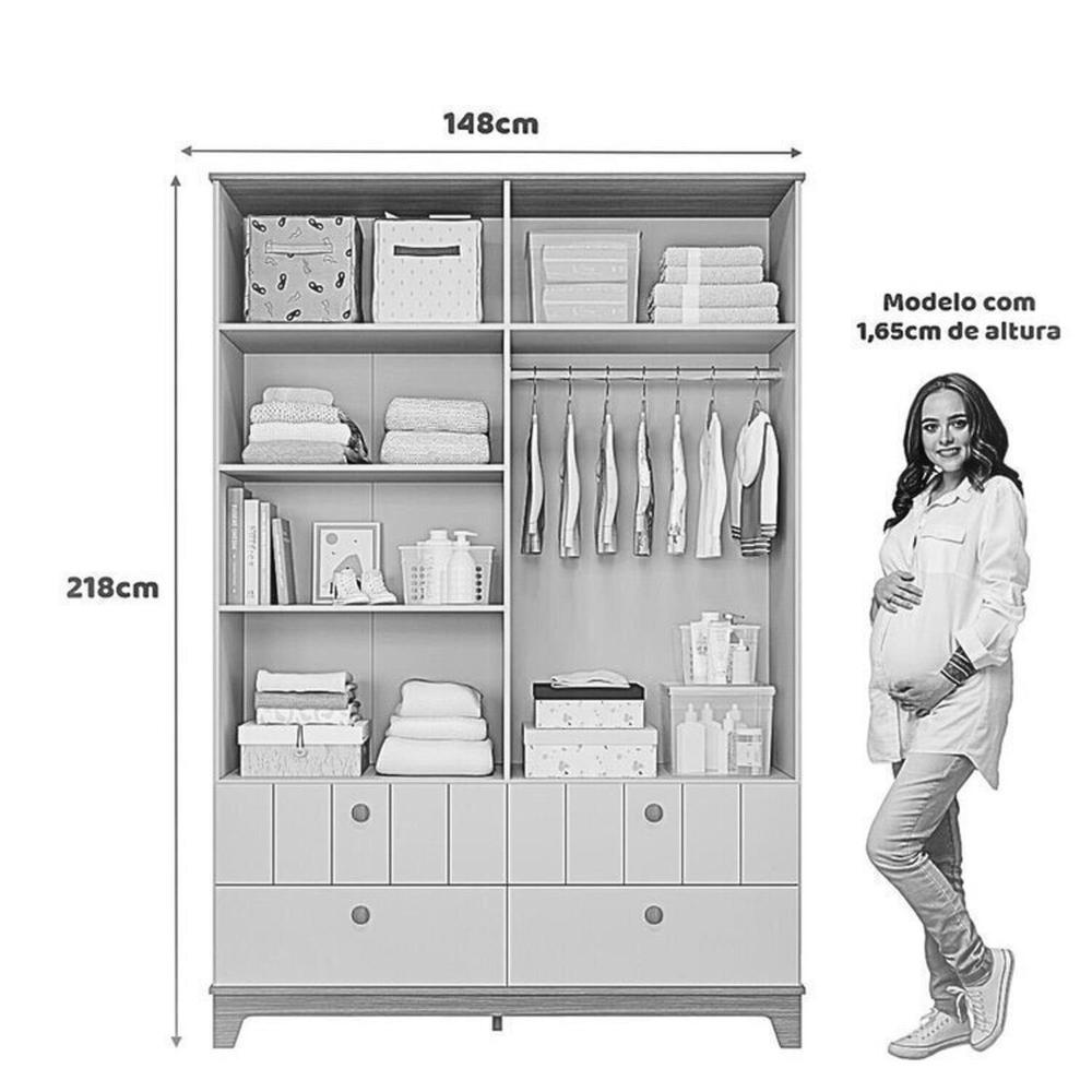 Conjunto Quarto de Bebê 1 Berço 1 Cômoda 6 Gavetas 1 Guarda Roupas 4 Portas 4 Gavetas Chantilly Branco/Nature
