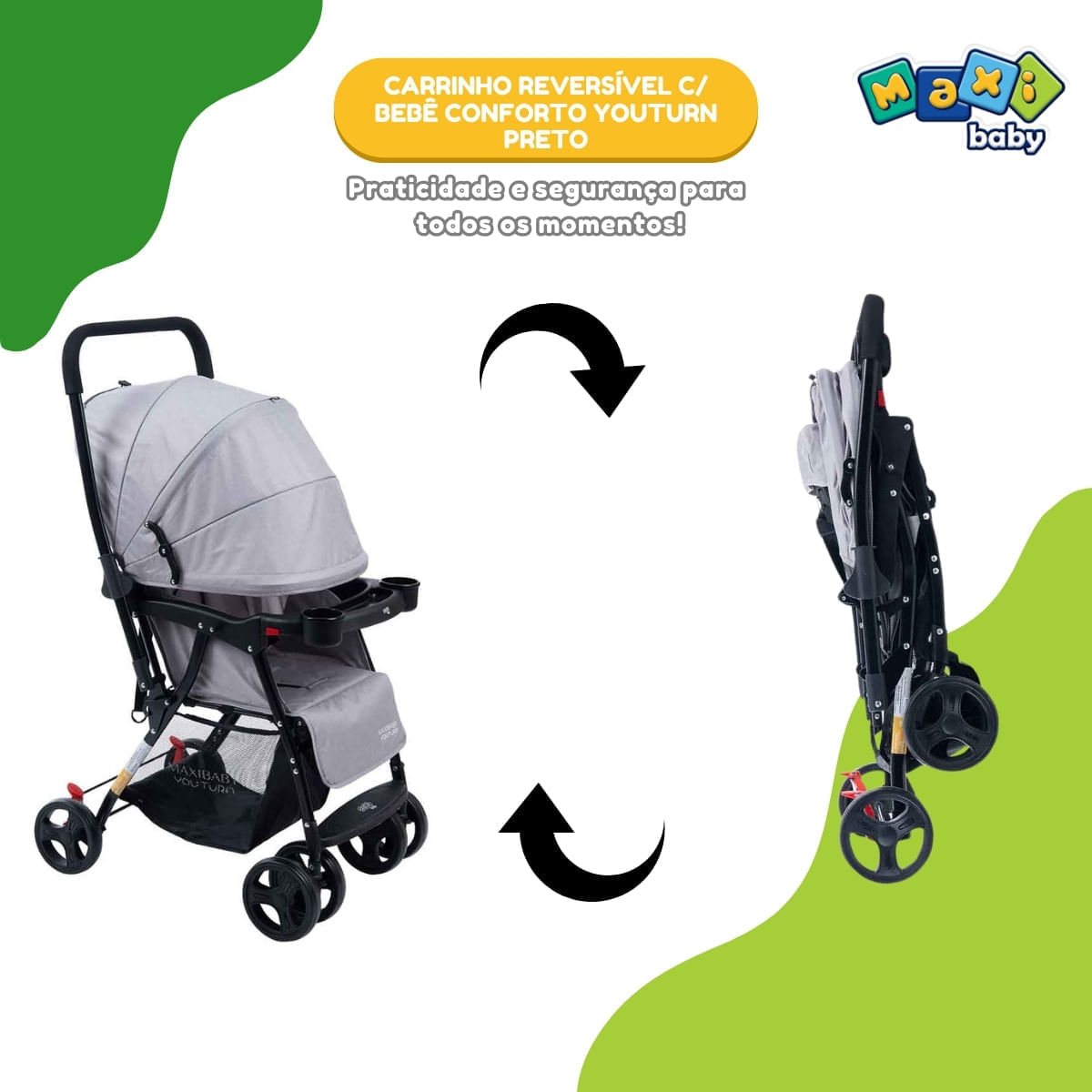 Carrinho de Bebê com Bebê Conforto 2 em 1 Youturn Maxi Baby Cinza