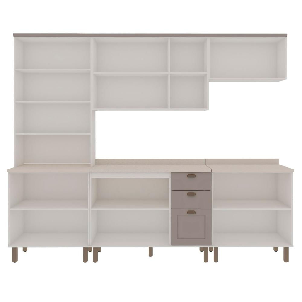 Miniatura Cozinha Modulada com Cristaleira e Balcão para Cooktop e Tampos Impermeáveis 100% Mdf Iluminata Branco/Fendi